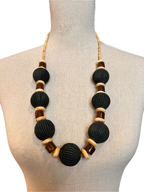 Vintage Chunky Black Carved Wood Bead Necklace, Tribal Meets Modern Boho Artisan